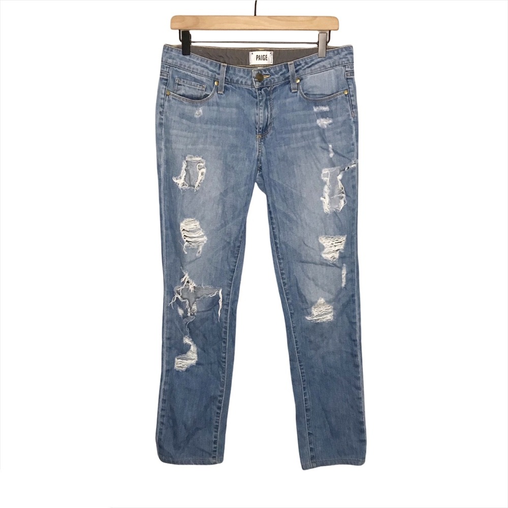 Paige Distressed Destroyed Jimmy Jimmy Skinny Jeans in Medium Wash Blue 27